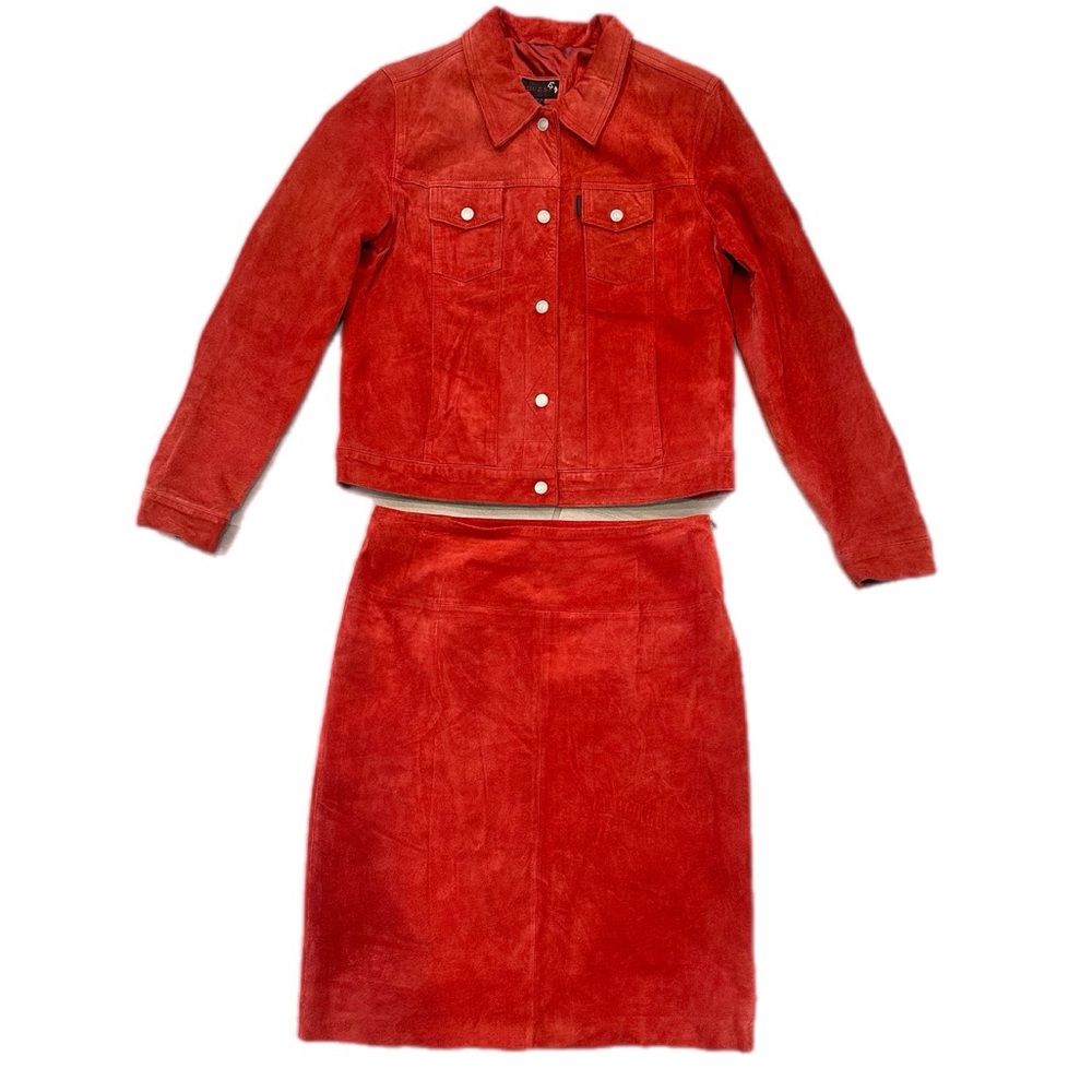 Genuine suede leather Y2K Vintage Guess red jacket (L) & skirt (8) set